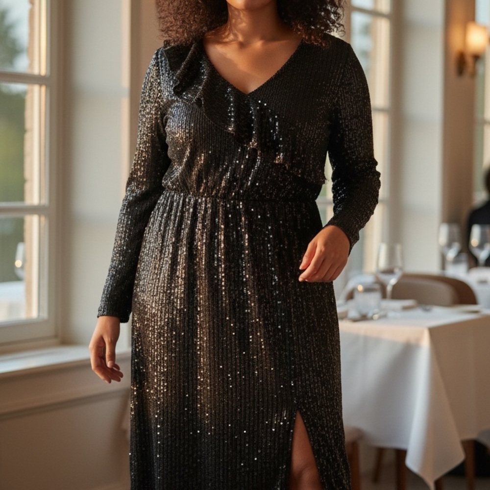 BloomChic Black Sequin V-Neck Maxi Dress with Front Slit